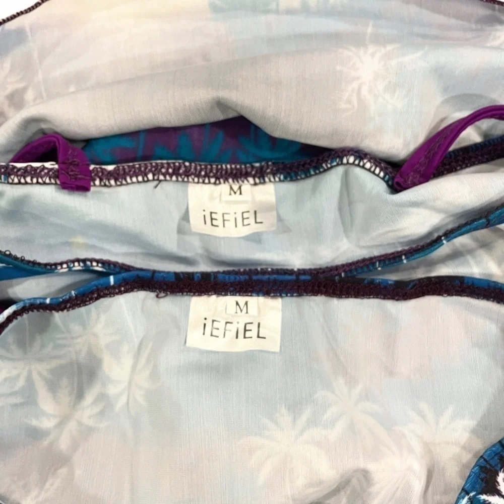 Iefiel Girls Med Swimsuit Tankini Tropical Palm Flounce Top Brief Blue Purple